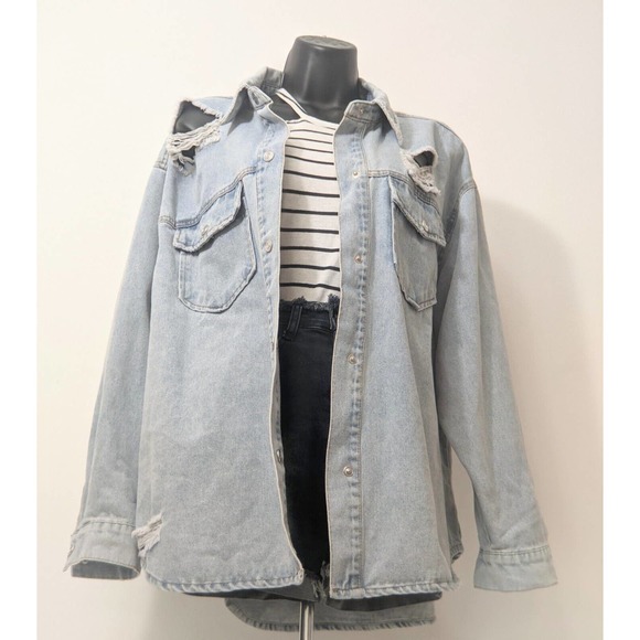 Ci Sono Womens Distressed Denim Jean Curved Hem Pockets Y2K 90s Jacket Shirt Top - Picture 10 of 14